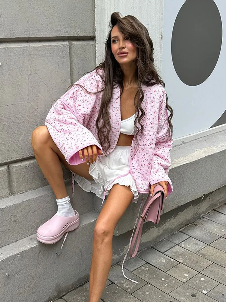 

Women Pink Floral Printed Lace Up V-neck Jacket Fashion Full Sleeves Loose Cardigan Coats 2025 Office Commute Streetwear New