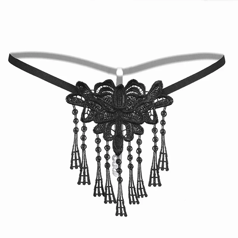 Pearl Massage Sexy Thong Hot Lace Embroidery Transparent Panties Women Sexy Lingerie Low Waist Hollowed Out T-back Femme Tangas