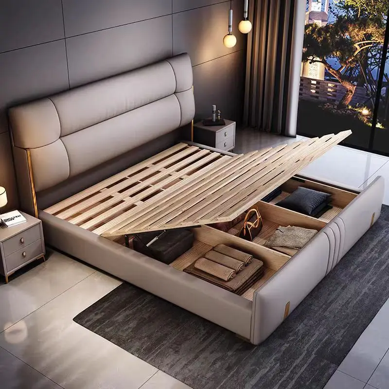 #￥2025 Latest King Size Double Upholstered Bed Frame Leather Bedroom Set Design Queen Size Wooden Box Up-holstered Leather Beds
