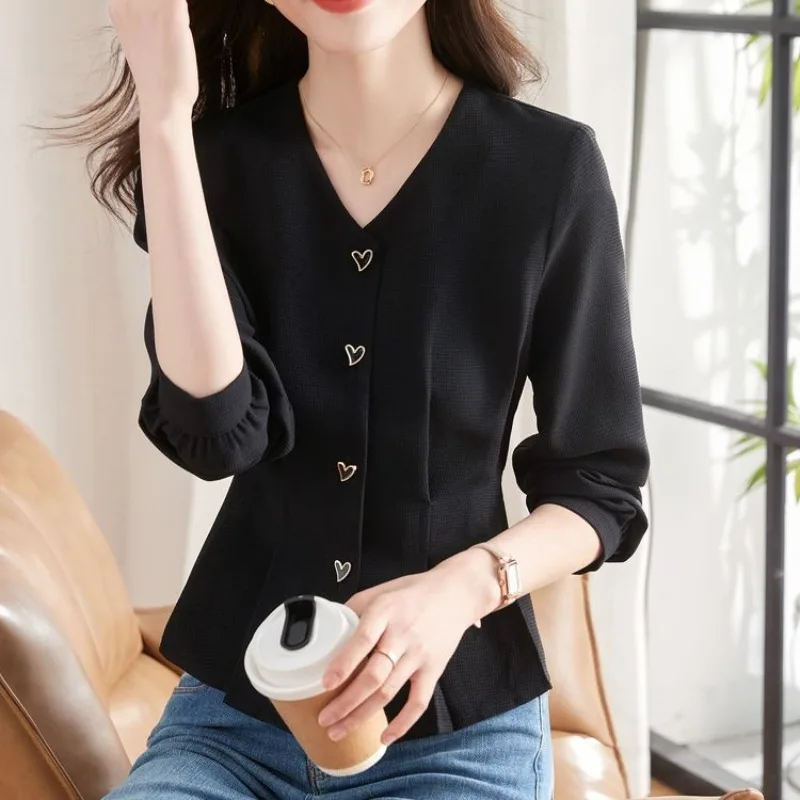 Black Shirts Women V-neck Long Sleeve Chic Graceful Defined Waist Short Autumn Winter Office Lady Gentle Temperament Female New