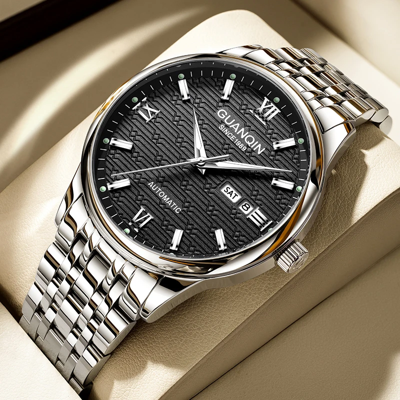 GUANQIN Luxury Men Mechanical Watch Wave Pattern Dial Automatic Movement Date and Day Display Leisure Watches for Man Gifts