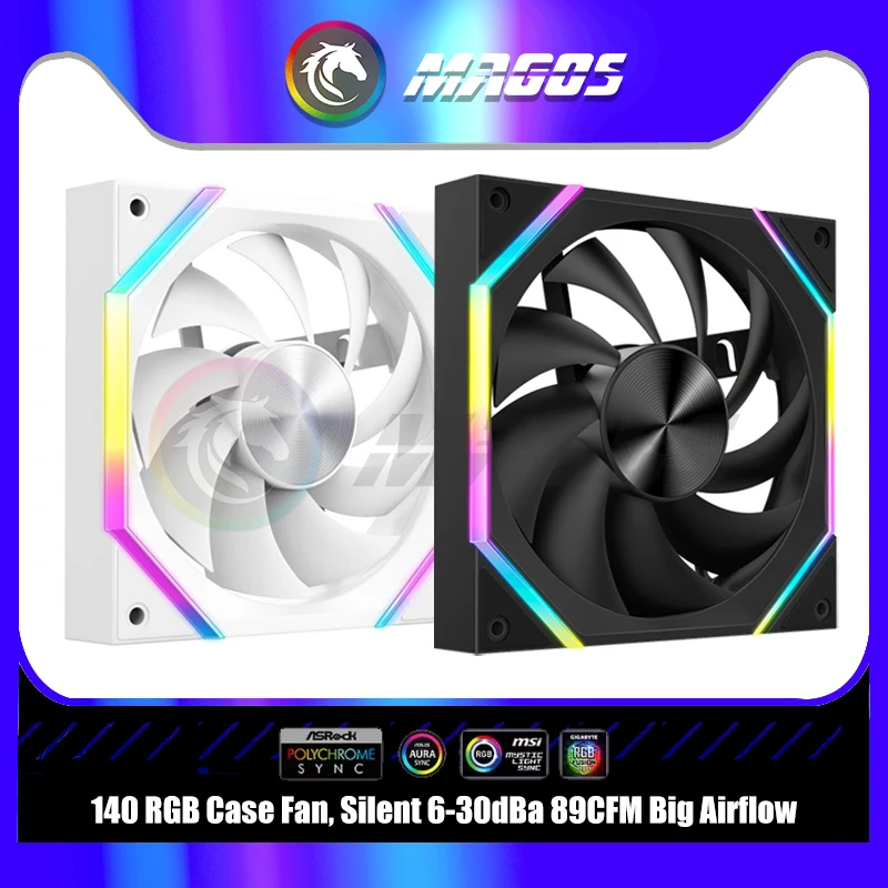 140 RGB Case Fan, 14025 Silent 6-30dBa 89CFM Big Airflow,  14CM Cabinet Cooler Support Mobo 5V ARGB SYNC