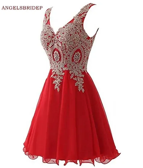 

V-Neck Homecoming Dresses Fashion Crystal Applique Chiffon Cap Shoulder Short Graduation Formal Party Gowns