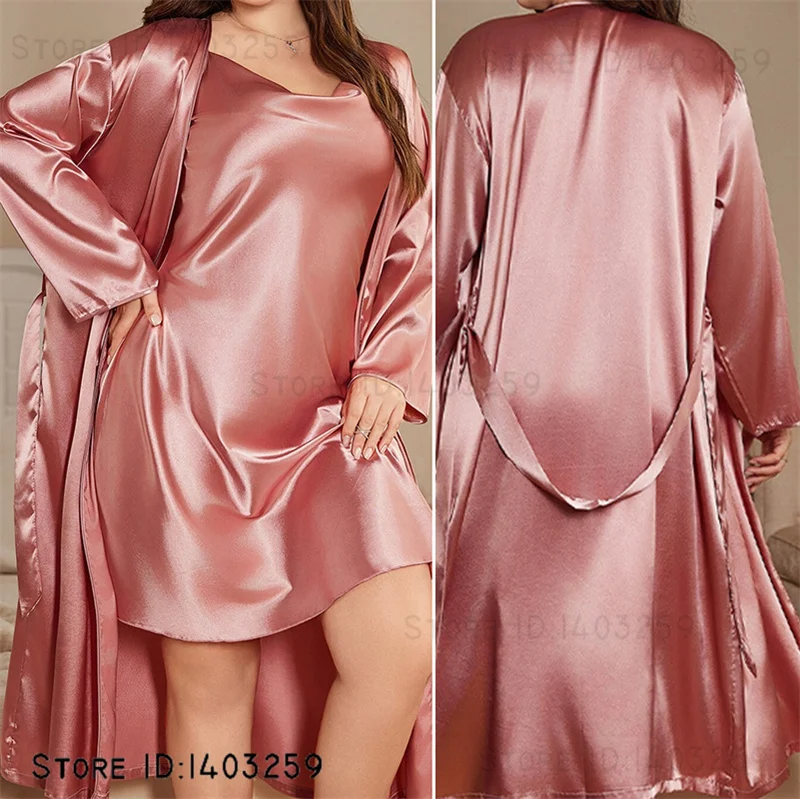 

Large Size 3XL 4XL 5XL Women 2PCS Robe Set Pajama Sexy Backless Butterfly Lace Nightgown Satin Sleepwear Bathrobe Loose Homewear