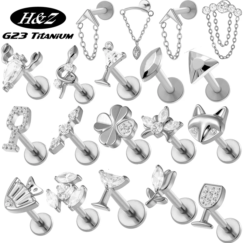 1PC G23 Titanium Ear Stud Internal Thread Flat Backs Lip Stud CZ Crystal Pendant Cartilage Tragus Helix Labret Piercing Jewelry