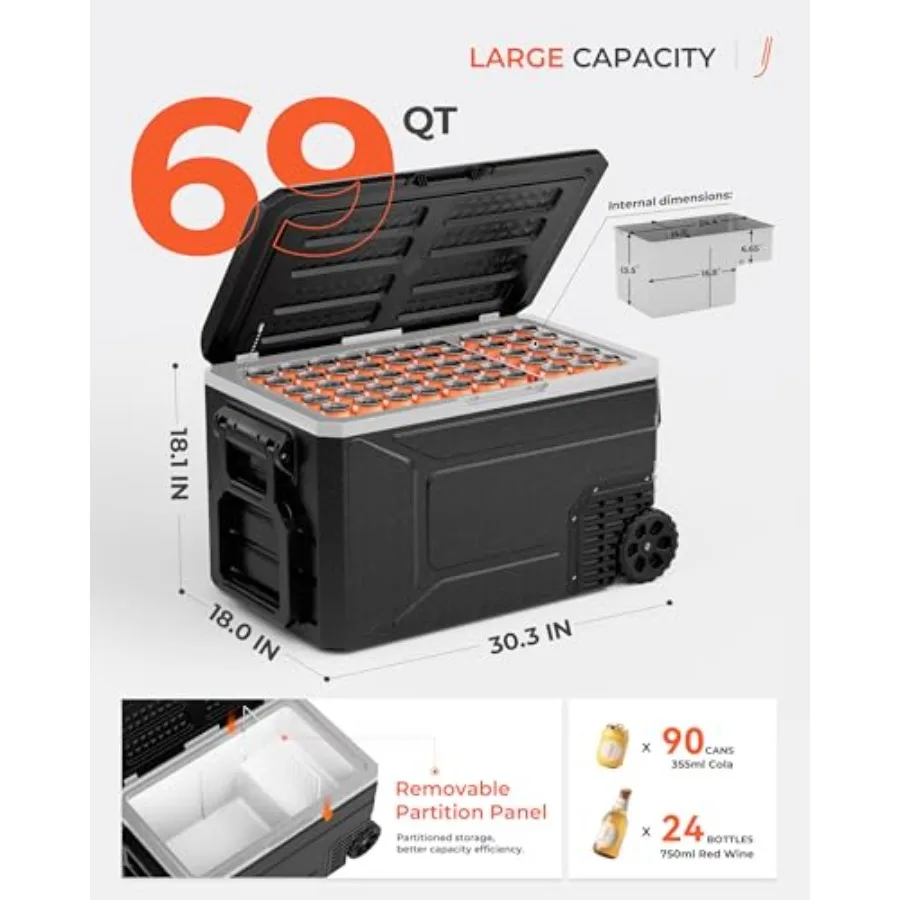 Portable 12V/24V DC 100240V AC Refrigerator for Truck, RV, Camping, Travel 69-Quart Electric Cooler with Wheels, Stainless Stee