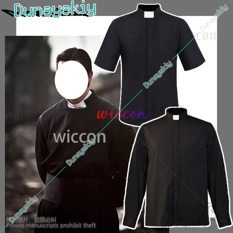 Anime Halloween Black Priest Shirt Men Cosplay Catholic Church Missionary Short Sleeve Top Role Play Roman Polo Shirt Customized