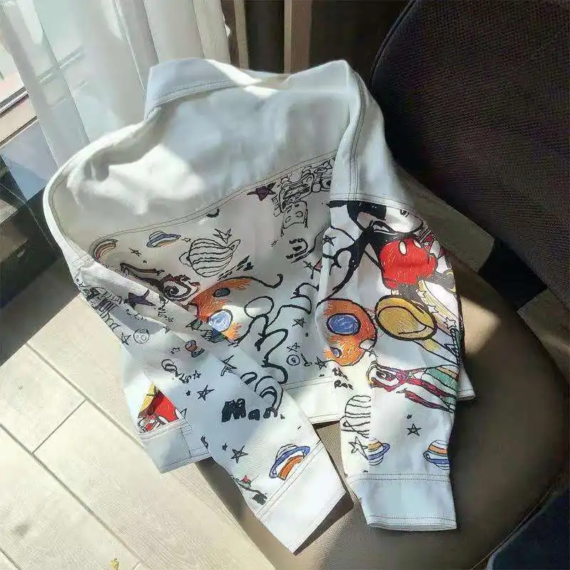 Chaquetas vaqueras pintadas a mano con botones de solapa para mujer, Tops coreanos holgados, abrigos que combinan con todo, ropa informal para primavera y otoño, 2024