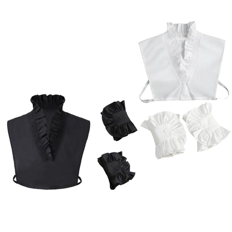 HX6F Fashionable False Collar And Ruffle Arm Sleeves Set for Female Office Breathable Half Blouse Cuff Sleeves for Daily Wear