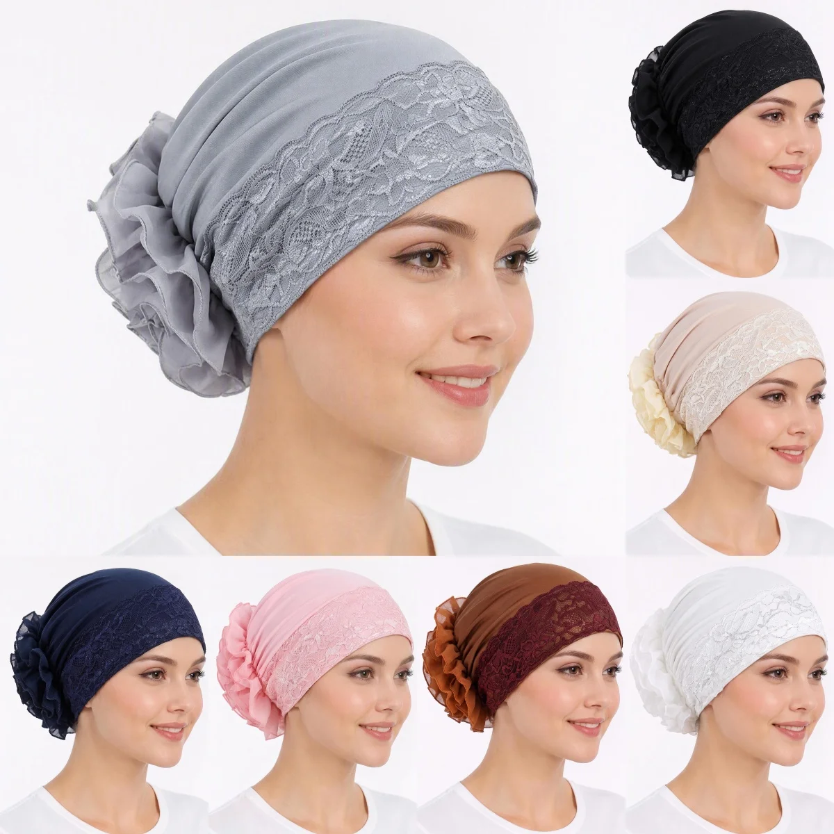 Solid Color Large Flowers Lace Head Scarf Turban Hat For Women Hijabs Soft Lightweight Ruffle Design Multicolor Chemo Headwear