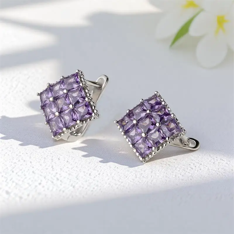 كبير مربع الأرجواني كريستال الأبيض الزركون هوب أقراط للنساء خمر فضي اللون الزفاف الأذن مشبك مجوهرات الخطوبة الزفاف