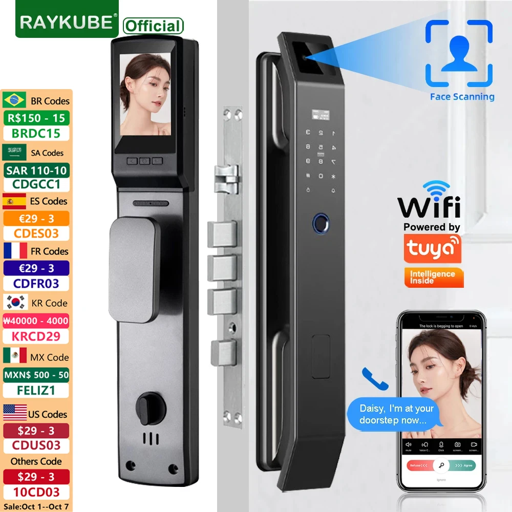 RAYKUBE DF14 Tuya WiFi 3D Face Recognition Digital Door Lock With Two-way Audio WiFi Camera Video Call APP Remote Unlock