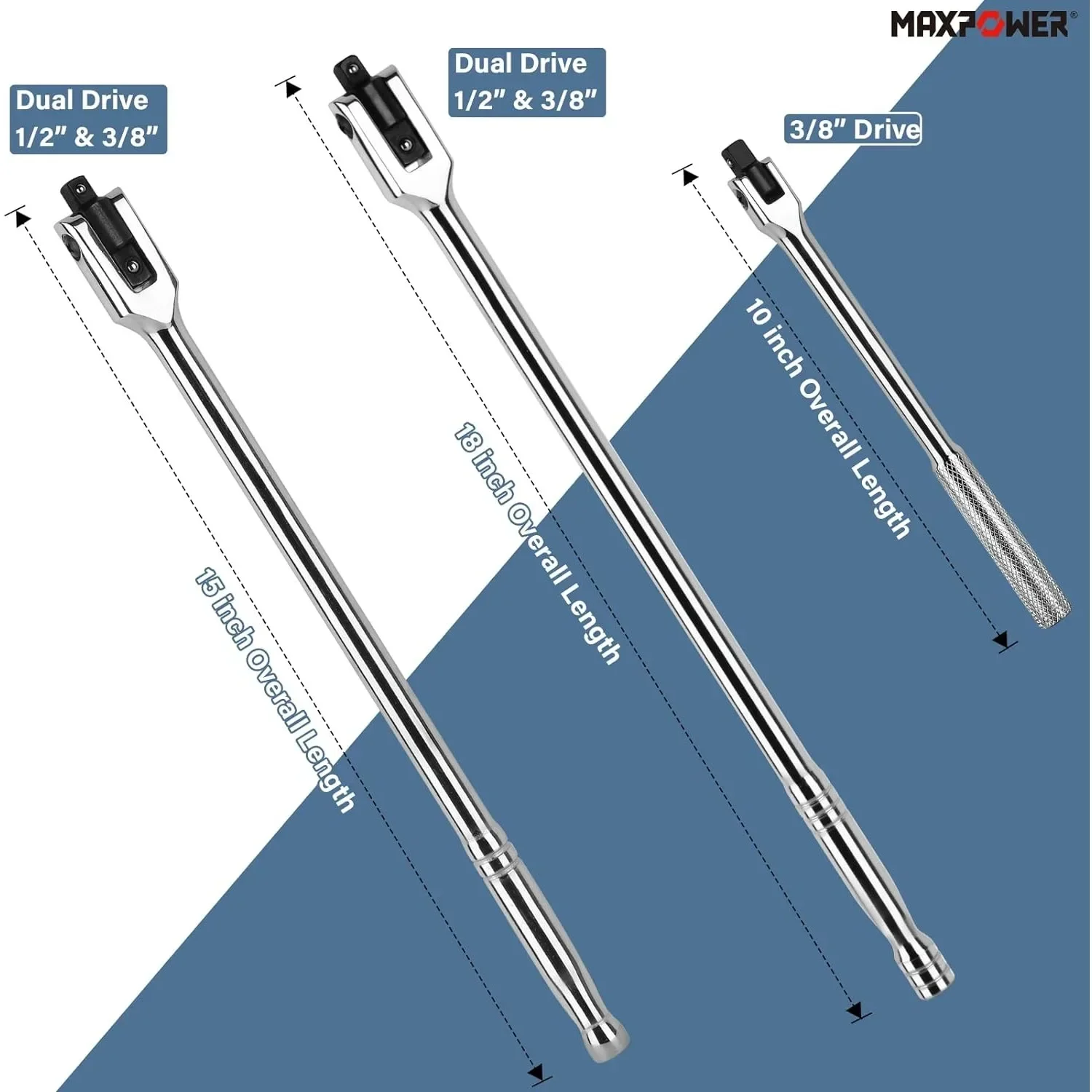 MAXPOWER 브레이커 바 세트, 듀얼 드라이브, 1/2 인치 및 3/8 인치, 15 인치 및 18 인치, 10 인치 쇼트 브레이커 바, 1/2 인치, 3 개