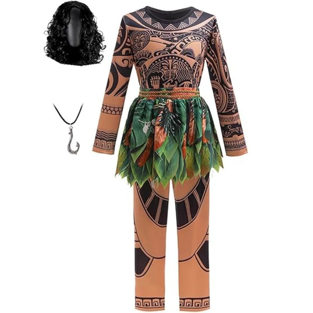 Costume cosplay Moana per bambini Ragazzo Tuta da tatuaggio Maui Abiti di Halloween Gonna a foglia Tuta Set completo Costumi Cosplay