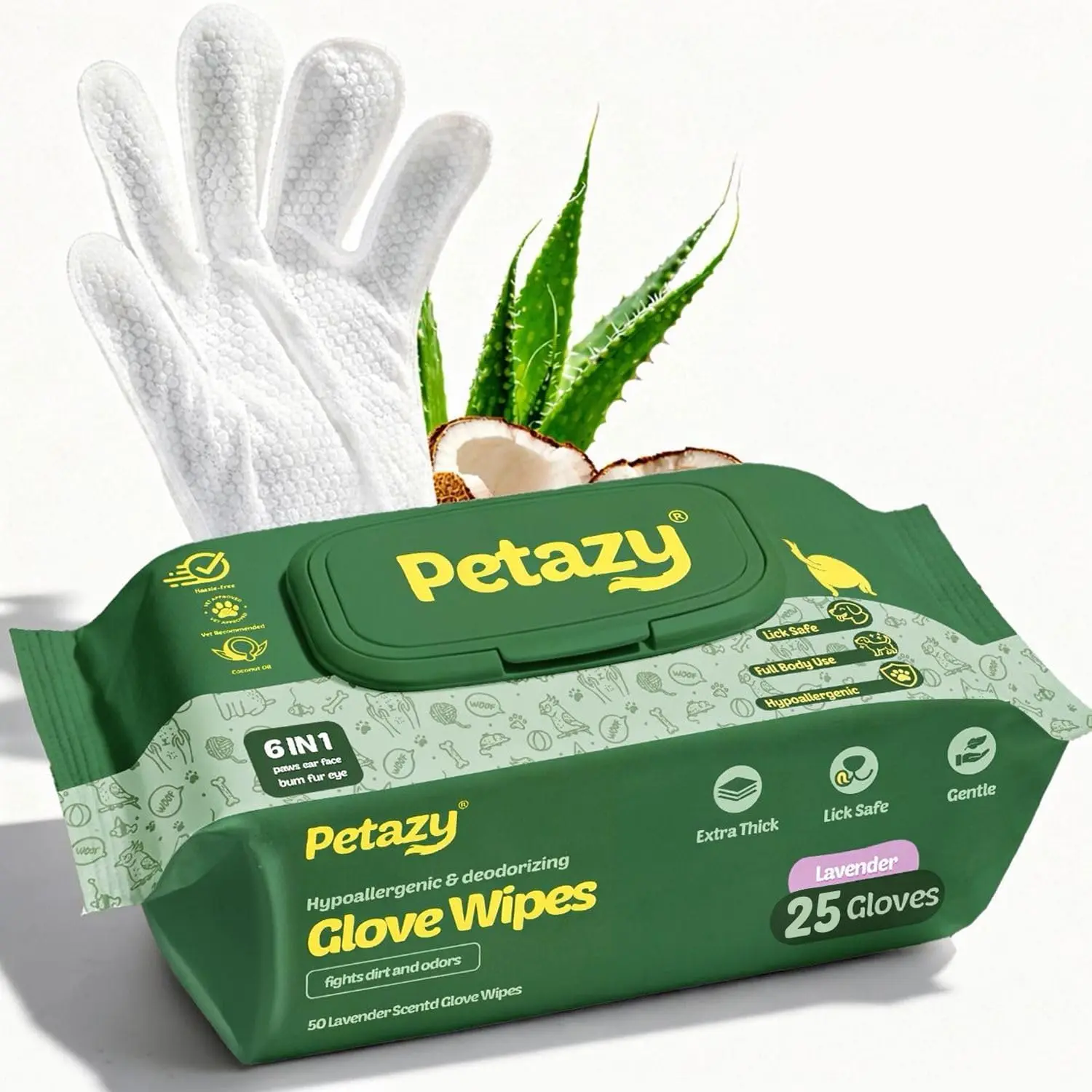 Hypoallergenic Pet Grooming Gloves with Aloe and Coconut Oil for Paws Face Ears and Rear No Rinse Deodorizing Wipes 25 Count