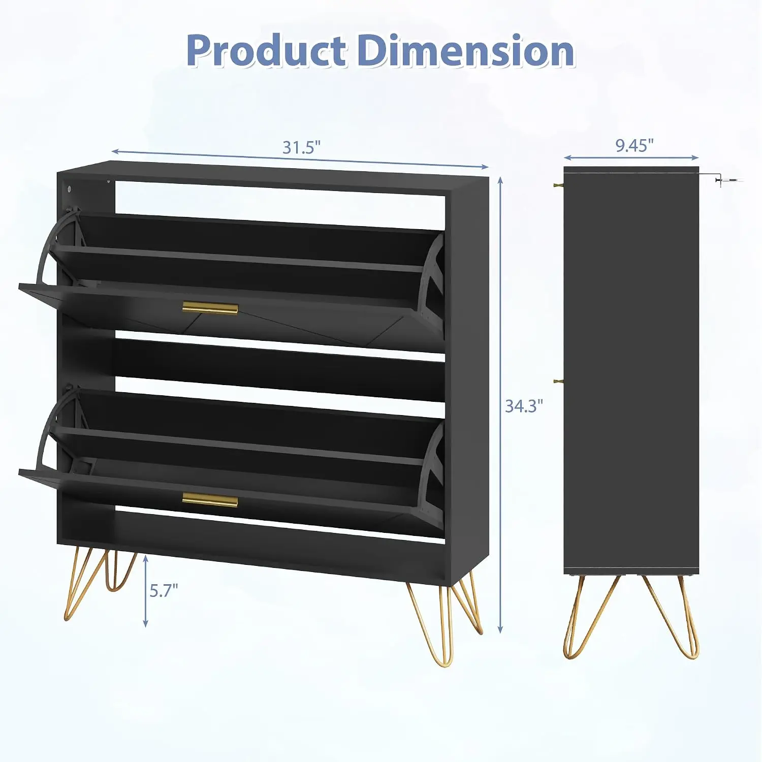 Shoe Cabinet 2 Flip Drawers Metal Legs Black Organizer Gold Handle Freestanding Thin Rack Entryway, Customized