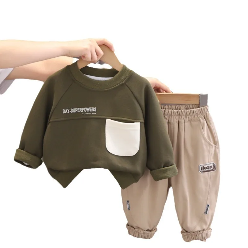 2024 Spring Autumn Korean Toddler Baby Boys 2PCS Clothes Set Letter Pocket Pullovers Cotton Sticker Pants Suit Kids Boys Outfits