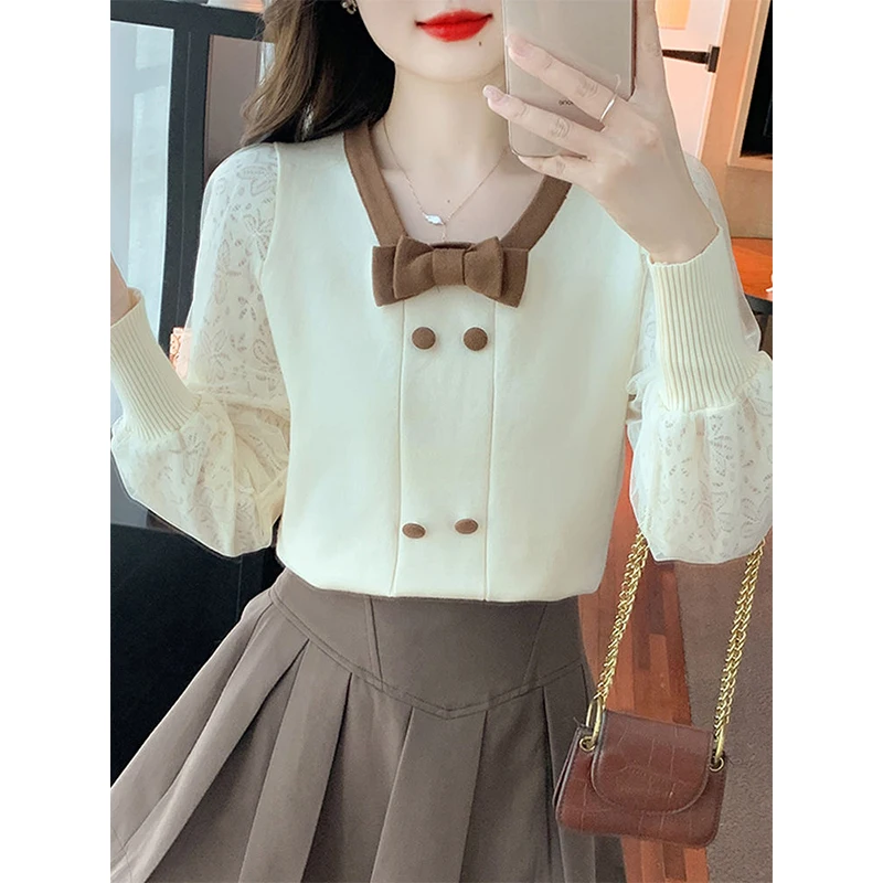 V-neck Fashion Patchwork Solid Color Knitwear Women Autumn Winter Elegant Temperament Sweater Sweet All-match Lace Knitting Tops