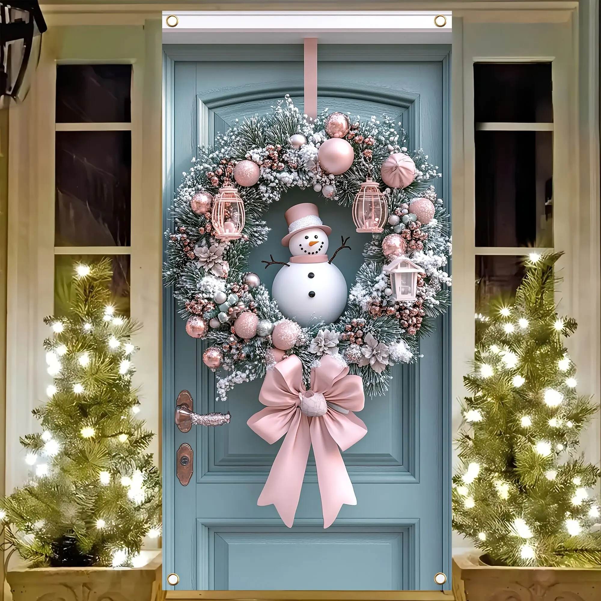 1 Modern Snowman Wreath With Bow Polyester Christmas Hanging Decoration Universal Adaptation Electricity Required