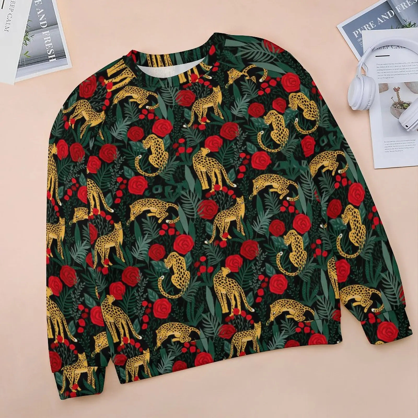 Floral Leopard Casual Hoodies Autumn Red Roses Print Funny Hoodie Long Sleeve Oversized Street Fashion Design Sweatshirts