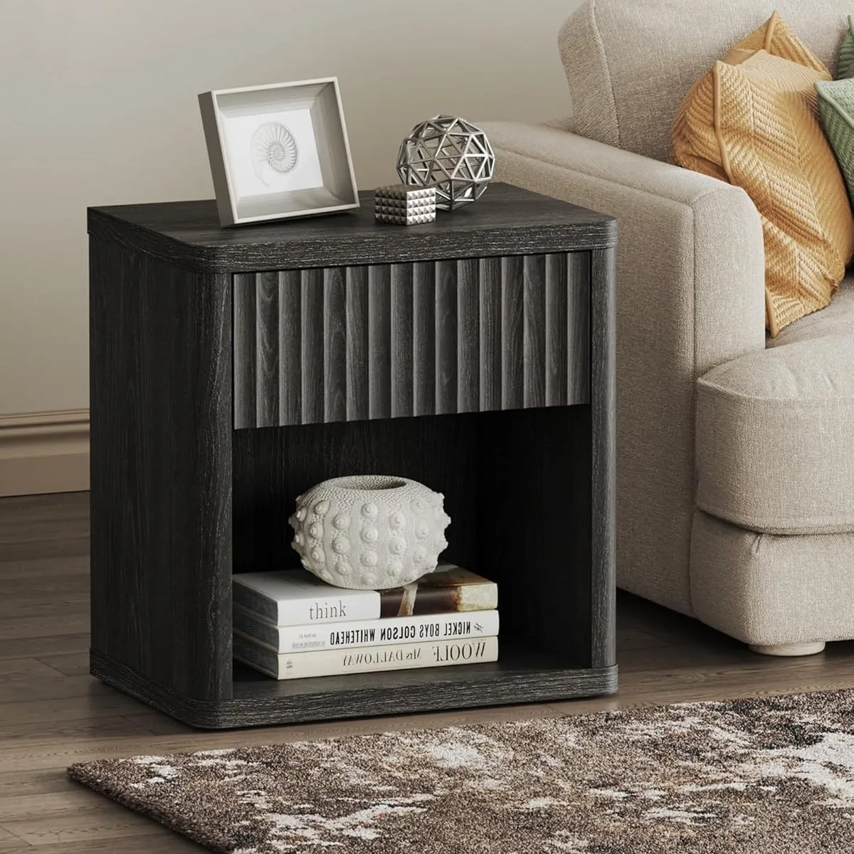 AOLIVIYA Bedroom Bedside Table Nightstand Sofa Side Storage Cabinet Solid Wood Wave Board Shelf Modern Cross Border