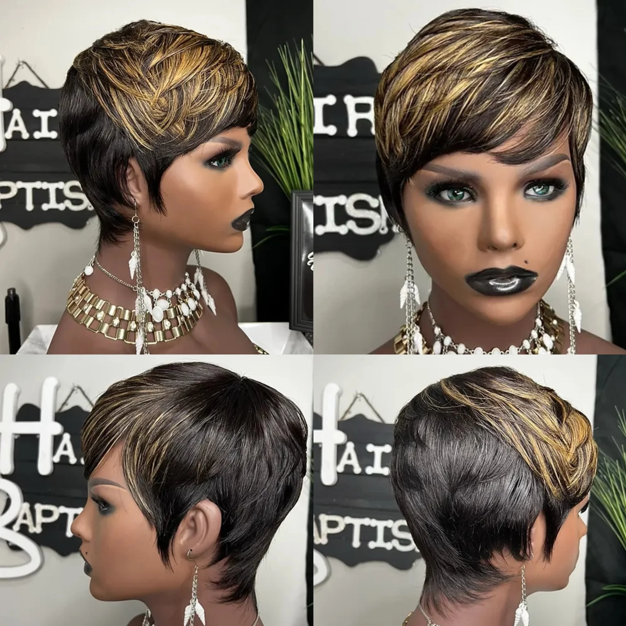 

Short Highlight Synthetic Straight Pixie Cut Hairs Bob Wig Ombre Black Honey Blonde With Bangs Hairs Wigs For Women