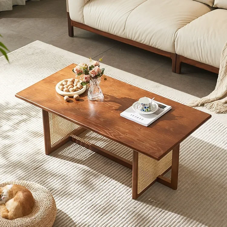 Japanese-style solid wood rectangular household coffee table, living room rattan ash wood retro low table