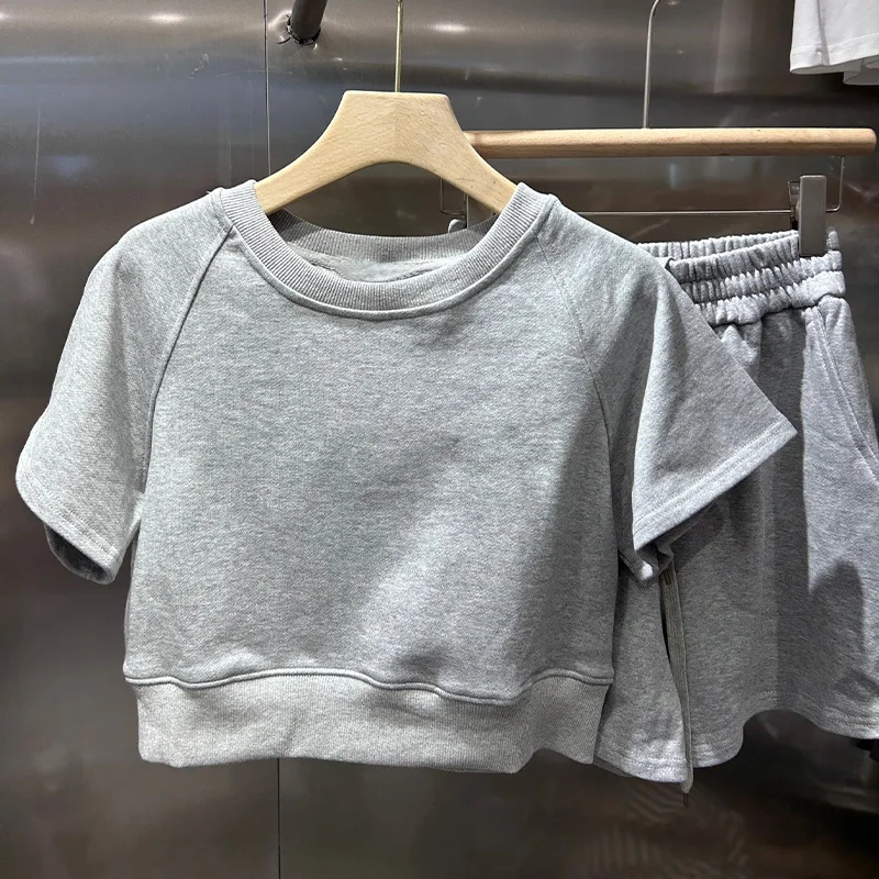 

2024 Summer Short Tops For Women With Shorts Two Pieces Sets Solid Sporty Suits Loose Shorts