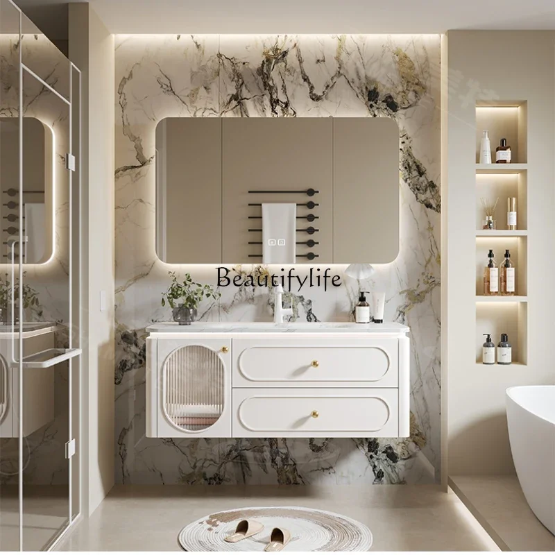 

Шкаф для ванной комнаты в французском стиле, комбинированная каменная плита, керамическая цельная раковина с горячим изгибом, дубовая раковина, умывальник для бассейна, новинка 2024 года