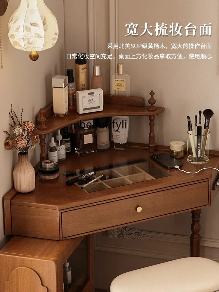 D178  New styleFrench Retro Solid Wood Corner Dressing Table Storage Cabinet Integrated   Bedroom Bedside Corner Triangle Makeup