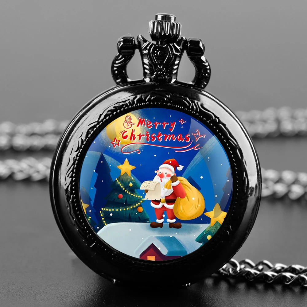 Feliz Navidad Reloj de bolsillo de cuarzo con cúpula de cristal hecho a mano con cadena duradera Esfera de números árabes Regalos extraordinarios para hombres y niños