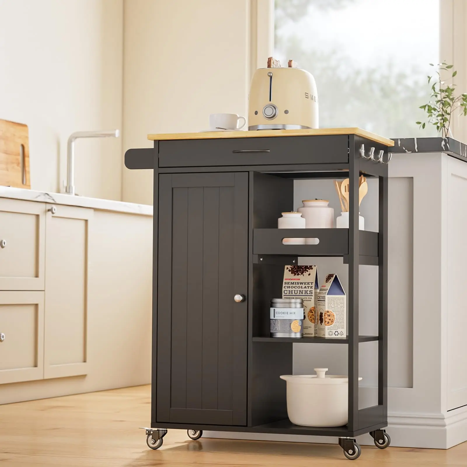 Kitchen Island Cart with 27.6''W Solid Wood Top Rolling Utility Trolley Cart with Drawer, Cabinet, Removable Tray