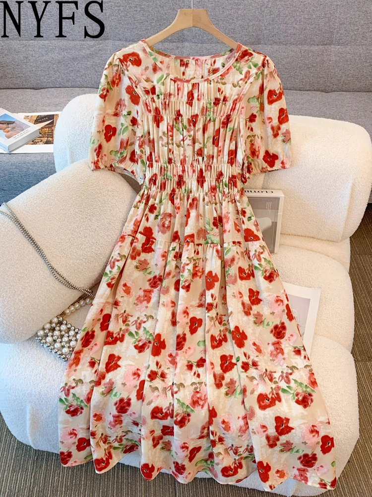 فستان نسائي مقاس كبير من NYFS لصيف 2025 فستان فضفاض كبير على شكل زهرة عالية الخصر وأكمام منتفخة فساتين طويلة رداء Elbise على الطراز الكوري