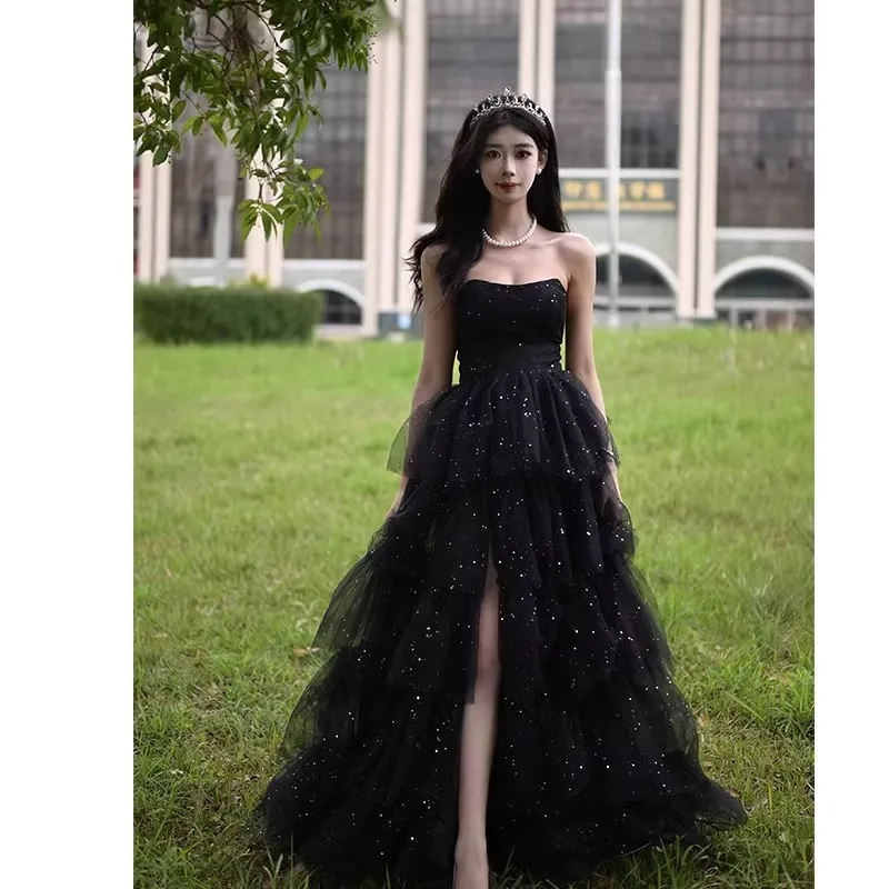 

Женское блестящее черное вечернее платье, сексуальное женское платье без бретелек для выпускного вечера, большие размеры, торжественное платье для церемонии, выпускное платье Robe De Soirée