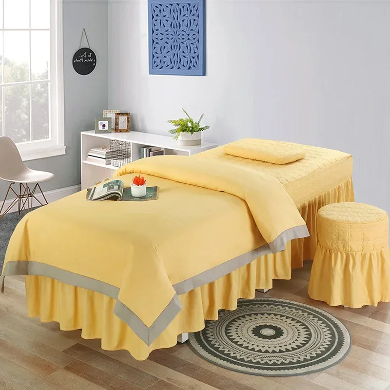 Patchwork Beauty Salon 4Pcs Bedding Sets Massage Spa Bed Sheets Bedskirt with Hole +Pillowcase+Stool Cover+Duvet Cover Sets