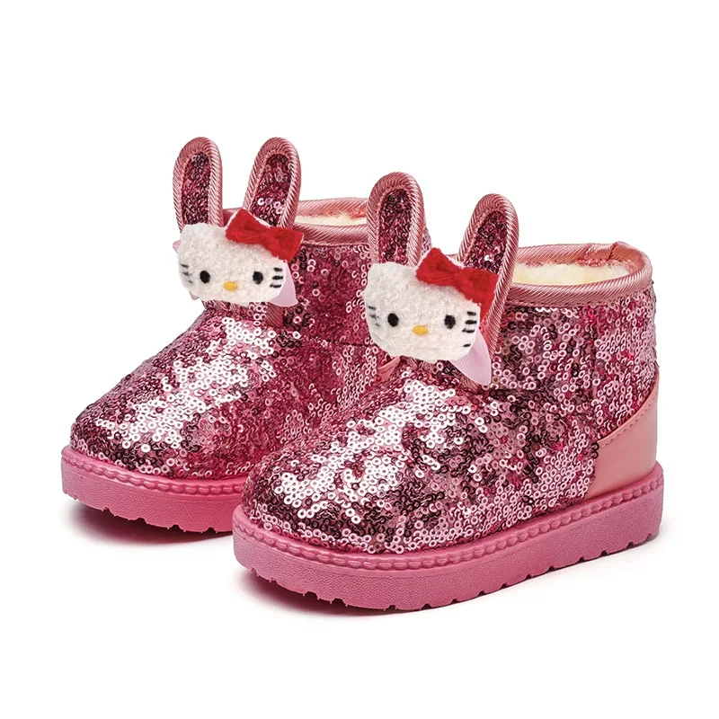 Sanrio olá kitty crianças botas de inverno kuromi lantejoulas orelhas de coelho bonito meninas canela mellotti botas de algodão do bebê sapatos casuais