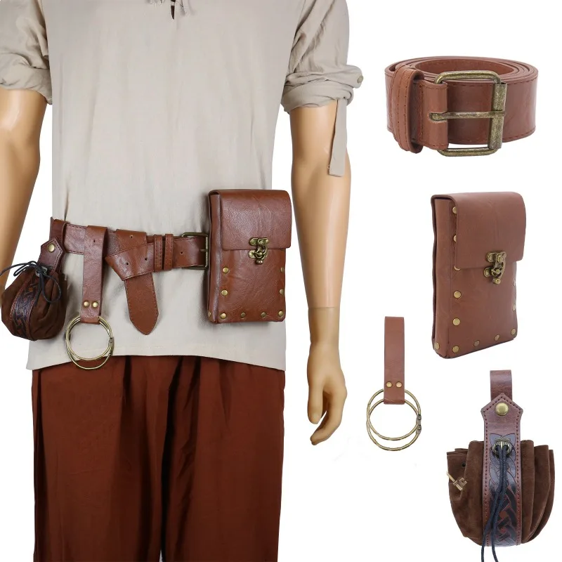 

Halloween Cosplay Medieval Viking Knight Costume Accessories Renaissance Copper Coin Belt Retro Waist Bag Role Playing Prop