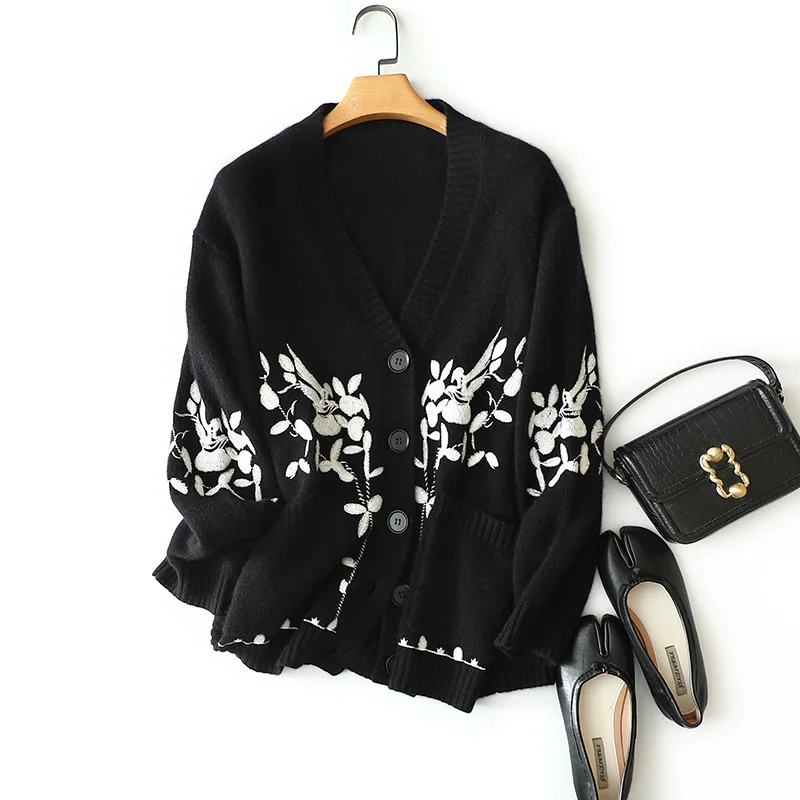 

masigoch europe winter new loose chic embroidery outerwear 7gg 6ply luuxry 100% cashmere cardigan coat