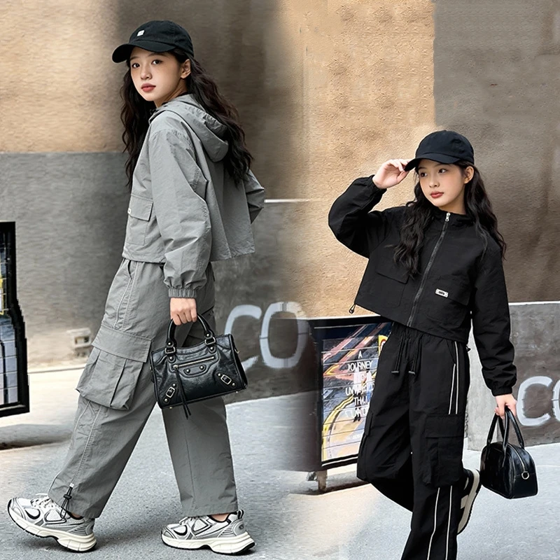 Girls' Autumn Trendy Cool Set 2026 New Big Kids' Zippered Hoodie Jacket+Wide Leg Pants Children's Korean Fashion Two Piece Set