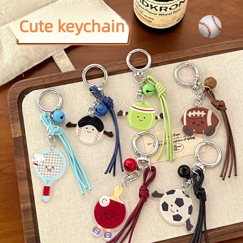 Cute Sport Theme Acrylic Keychain with Bell Tassel Bag Charm Cartoon Key Ring for Car Keys - Unique Gift Idea
