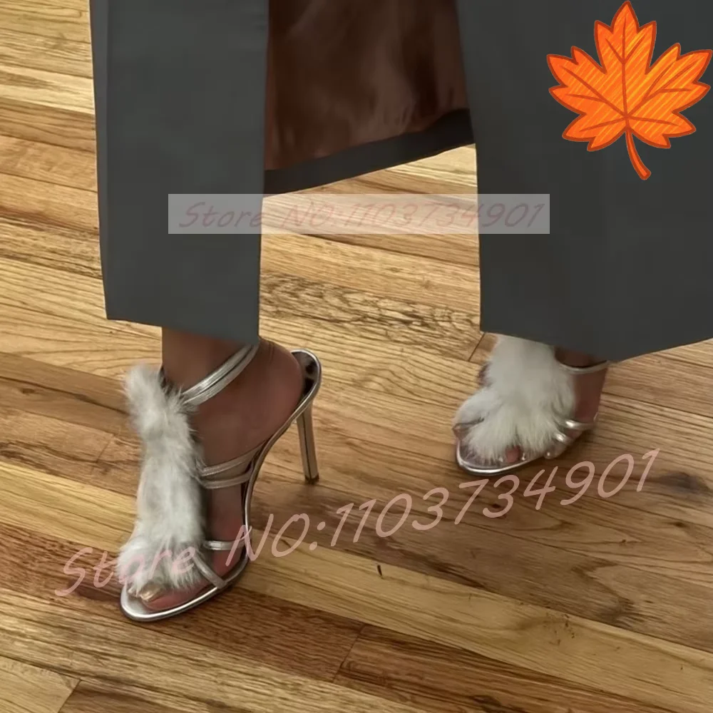 

White Fur Open Toe Leopard Insole Sandals Women Sexy Ankle Strap Furry High Heels Shoes Female Party Luxury Fashion Sandals