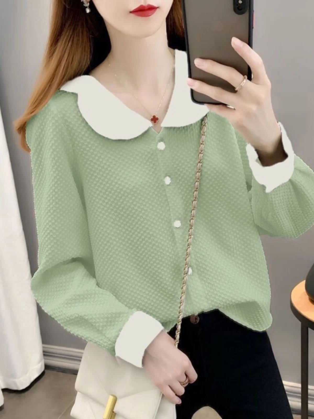 

Шикарная шифоновая блузка с длинным рукавом и воротником-стойкой в корейском стиле, универсальная, для ранней осени, новая модная женская блузка для делового и повседневного стиля