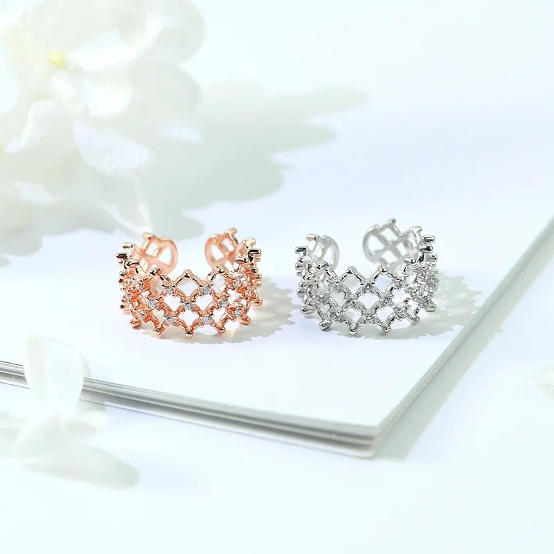 Fashion Creative Mesh Features 925 Sterling Silver Resizable Rings Women Jewelry Rhombus Net Rhinestone Rose Gold Finger Ring