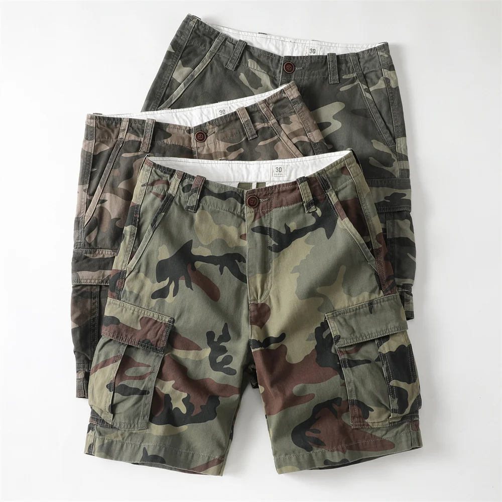 Vintage Style Men's Summer Casual Shorts Multi-Pockets Camouflage Cargo Shorts Outdoor Knee Length Pants