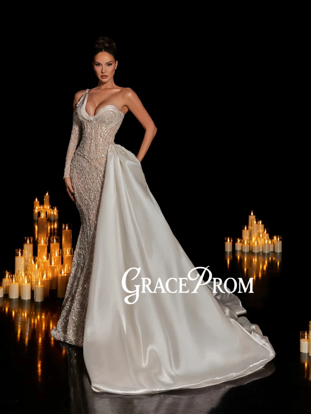

Stunning Luxury Beaded Evening Dress With Train Dreamy One Shoulder Mermaid Wedding Dress New Customized Elegant Banquet Gowns