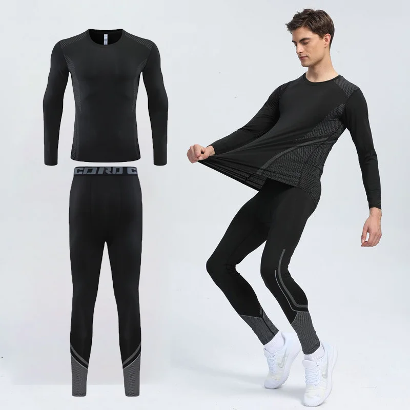 Men Long Sleeve Tracksuits GYM Fitness Tee + Leggings Men's Sport Running Set Yoga Skiing Basketball Football Clothes Suit 102