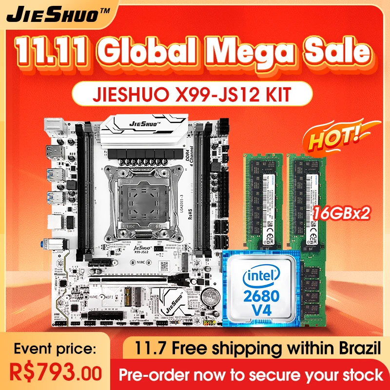

JIESHUO New X99-JS12 Motherboard Set with Intel Xeon E5 2680 V4 CPU & DDR4 16Gx2 2133MHz RAM for Gaming Computer support TPM 2.0