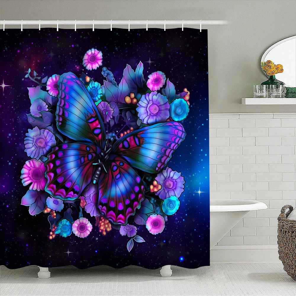 1pc Butterfly Flower Shower Curtain Bathroom Partition Decorative Curtain Machine Washable Purple Flowers Window Privacy Curtain