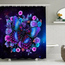 1pc Butterfly Flower Shower Curtain Bathroom Partition Decorative Curtain Machine Washable Purple Flowers Window Privacy Curtain