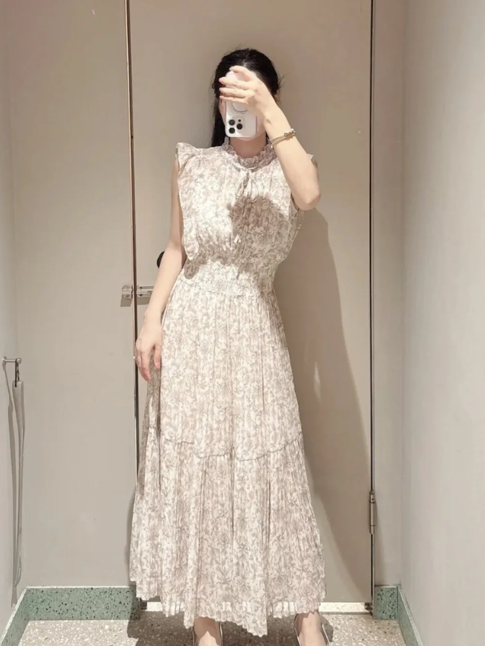 Kuzuwata Fresh Mid-length Print High Waist Robe New Gentle Literary Lace Up Pleated Slim Exquisite Mujer Japan New Elegant Dress image 2